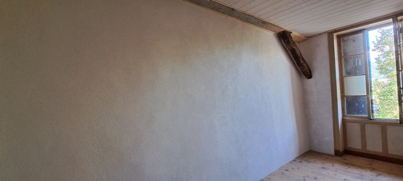 Application d'un enduit de finition minéral sur bâti ancien à Arbin — photo 1